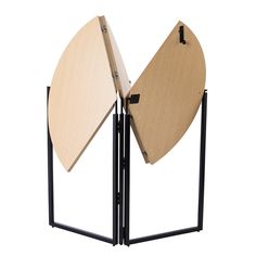 two wooden boards are attached to black metal stands on a white background, one is open and the other is closed