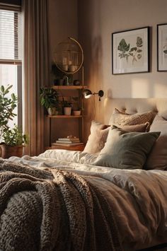 a bed with blankets and pillows in a bedroom next to a window filled with potted plants