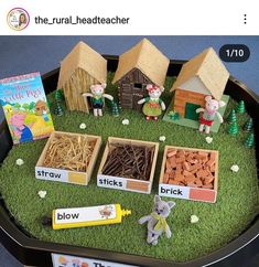 there is a tray that has some books and toys on it with grass in front of it