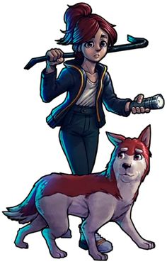 a drawing of a woman holding a baseball bat and standing next to a husky dog