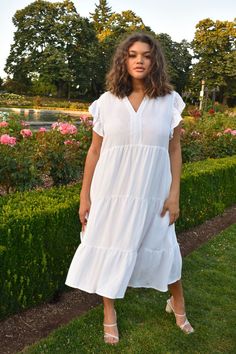 erika white flutter sleeve plus size midi dress White Tiered Dress, Swept Back Hair, Plus Size Bridal, Event Dress, Bridal Event, White Midi, Sleeve Midi Dress, Midi Dress With Sleeves, White Midi Dress