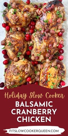 holiday slow cooker balsamic cranberry chicken with text overlay that reads holiday slow cooker balsamic cranberry chicken