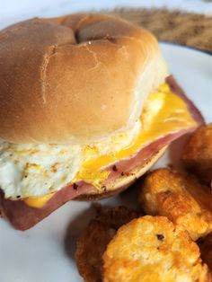 an egg, ham and cheese sandwich with tater tots