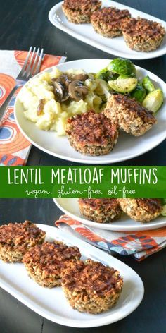 lentil meatloaf muffins are served with mashed potatoes and broccoli