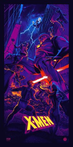 the poster for x - men is shown in purple and blue light with lightning behind it