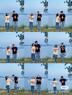 several pictures of people standing in front of the water with their arms around each other