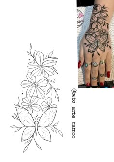 a woman's hand with tattoos and flowers on it