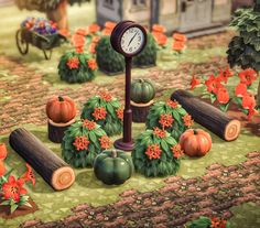 an animated image of a garden with pumpkins and trees