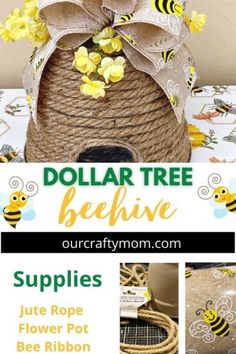 the dollar tree beehive has been made with jute rope and bees on it