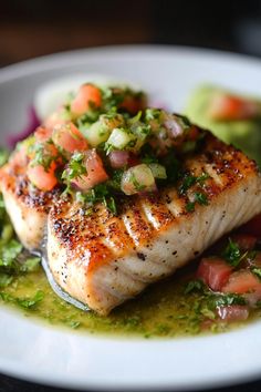 Grilled fish topped with fresh salsa on a white plate. Air Fryer Mahi Mahi From Frozen, Fish Airfryer Recipes, Cooking Mahi Mahi, Mahi Recipes