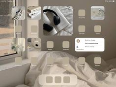 a collage of photos with headphones and books on the bed in front of a window