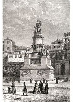 the statue is surrounded by people and buildings