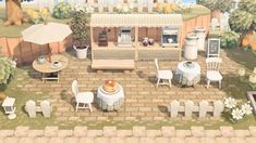 an animated image of a small patio with tables and chairs in the middle of it