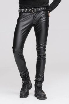 Black Wear Synthetic Leather Basic Model Punk Tight Mens Pants – LolitaInside Shading Reference, Leather Fashion Men, Black Wear, Punk Dress, Elastic Fabric, Pants Design, Leather Outfit, Synthetic Leather, Leather Fashion