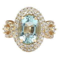 5.00 Carat Natural Aquamarine 14 Karat Yellow Gold Diamond Ring Stamped: 14K Yellow Gold Total Ring Weight: 7.5 Grams Total Natural Aquamarine Weight is 3.70 Carat (Measures: 11.00x9.00 mm) Color: Blue Total Natural Diamond Weight is 1.30 Carat Color: F-G, Clarity: VS2-SI1 Face Measures: 19.10x15.40 mm Sku: [703932W] Dazzling Oval Yellow Gold Sapphire Ring, Oval Yellow Gold Halo Ring Gia Certified, Gia Certified Diamond Gemstones, Luxury Gia Certified Yellow Gold Cluster Ring, Luxury Gia Certified Cluster Ring In Yellow Gold, Luxury Yellow Gold Halo Ring With Gemstone, Gia Certified Yellow Gold Cluster Ring, Luxury Gia Certified Yellow Gold Gemstones, Luxury Yellow Gold Gia Certified Gemstones