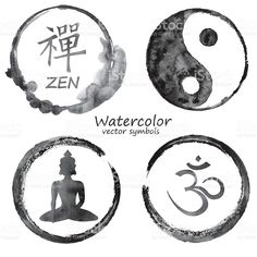 four watercolor symbols in the form of yins and an omen symbol on a white