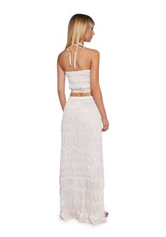 This skirt set includes a crop top that has a puckered construction, lace detailing, a halter neckline with ribbon tie closures on the back, and a matching maxi sheer skirt with an elastic waistband and front ribbon tie closures. Forever 21 White Skirted Bottoms, Dolls Kill Skirt, Sheer Skirt, Crochet Shop, Pride Outfit, Ribbon Tie, Halter Neckline, Matching Top, Denim Shop