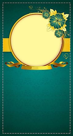 a blue and yellow background with flowers on it's side, in the center is a gold frame