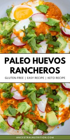 a plate filled with food and the words paleo huevo's rancheros