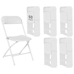 four white folding chairs next to each other with the number 50 on them and five packs of