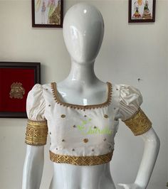 BUYER'S PLEASE LEAVE YOUR CONTACT NUMBER. It's necessary for shipping. The blouse is made of premium quality ivory color Kerala Handloom Kasavu Vastra.. The blouse sleeve and neckline is beautifully embroidered with golden Jerry, zardosi, beads and kundan stones. The blouse hook opening at the back side and is lined with cotton fabric. The aari work boarder with puff sleeves gives it unique and elegant look. Fabric- Premium quality Kerala handloom kasavu. Color- Ivory with gold Princess Cut Padd Kasavu Blouse, Princess Cut Blouse, Princess Cut Gold, Aari Work Blouse, Aari Work, Purple Silk, Indian Outfit, Work Blouse, Color Ivory