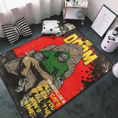 an area rug with the image of a man in green and black on it, surrounded by other items