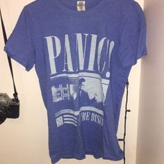 Blue Panic At The Disco Logo T-Shirt. Never Worn Blue Band Merch Shirt With Screen Print, Blue Crew Neck Shirt With Band Merch, Blue Tri-blend T-shirt With Screen Print, Blue Tri-blend Crew Neck T-shirt, Blue Band Merch T-shirt, Blue Tri-blend Crew Neck Shirt, Fendi Top, Linen Short, Panic! At The Disco