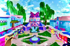 an animated image of a colorful city with lots of trees