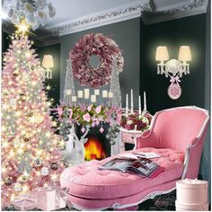 a pink chaise lounge chair next to a christmas tree in a living room decorated for the holidays