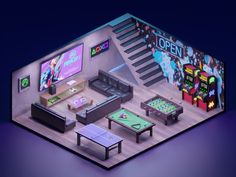 a game room with tables, couches and televisions