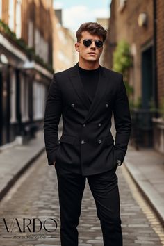 Men's Black Double-breasted Suit Sophisticated Tailored - Etsy Black Suit Men Outfit Classy, Mens Tuxedo Photoshoot, Black Suit Double Breasted Men, Black Coat Outfit Men Formal, Double Breasted Suit Men Casual, Modern Suit For Men, Black Suit For Men Wedding, Black Double Breasted Blazer Outfit, Wedding Suits Men Black Tuxedos