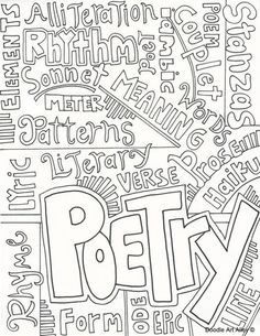 a coloring page with the word poetry written in different font styles and colors on it