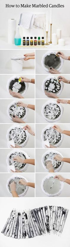 how to make marbled candles with black and white stripes on the bottom, in different stages