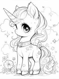 a cute little pony with long hair and big eyes is shown in this coloring page