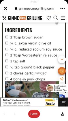 an iphone screen showing the recipe for grilling ingredients