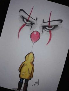 a drawing of a clown with a red balloon in his mouth and the face of a child