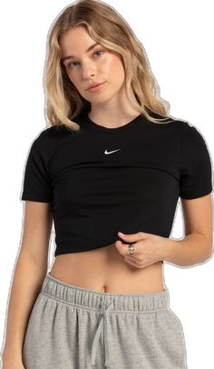 Nike Swoosh Logo, Swoosh Logo, Nike Swoosh, Crop Tee, Nike Sportswear, Black Tee, Crew Neckline, Womens Tees, Spandex