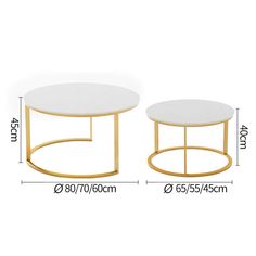 two tables with white marble top and gold metal bases, one is round and the other is