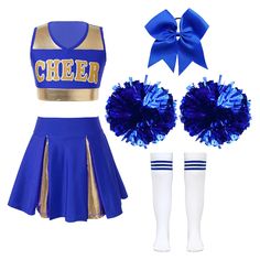 a cheerleader outfit with blue and gold pom poms