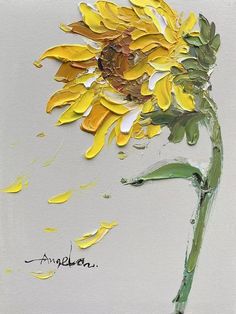 a painting of a yellow sunflower on a white background with the words amelan written below it