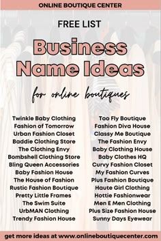 a flyer for an online boutique store with clothes on display and the words, business name ideas