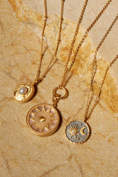 Luxury Celestial Necklace With Sun And Moon Design, Gold Amulet Jewelry With Sun And Moon Design, Brass Sun And Moon Design Necklace, Sun And Moon Brass Pendant Jewelry, Brass Sun And Moon Pendant Jewelry, Jewelry Mood Board, Meaningful Necklace, Restaurant Interior Design, Evil Eye Bracelet