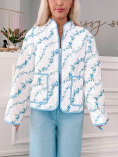 Floral Crest Quilted Blue Jacket | Sassy Shortcake Sassy Shortcake, Fun Jacket, Patriotic Dresses, Cold Fits, Blue Floral Pattern, Blue Quilts, Shoe Gifts, Cool Jackets, Blue Jacket