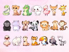 a bunch of different kinds of animals on a pink background