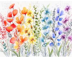 watercolor painting of colorful flowers and grass