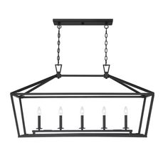 a rectangular chandelier with five candles hanging from the bottom and four lights on each end