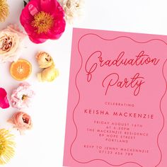 a pink graduation party card surrounded by flowers