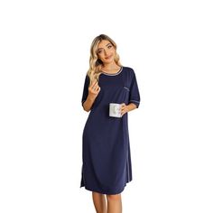 Women's Pajama Loose Pullover Dress Ebern Designs Color: Navy, Size: L | Ebern Designs Dawndra Cotton Blend Girl Mid-Calf Bathrobe w / Pockets 44.0 H in blue / Polyester in Navy | Wayfair Casual Dresses For Home, Dress Colour, Women's Nightgowns, Loose Pullover, Sleep Shirt, Night Shirt, Pajamas Women, Ebern Designs, Mid Calf