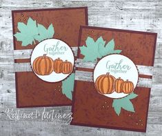 two cards with pumpkins and leaves on them