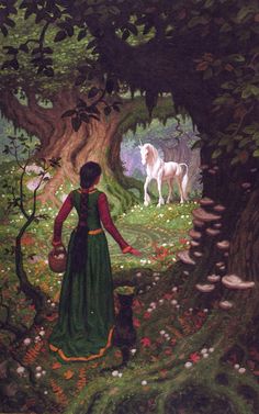 a painting of a woman in a green dress with a white horse standing next to her